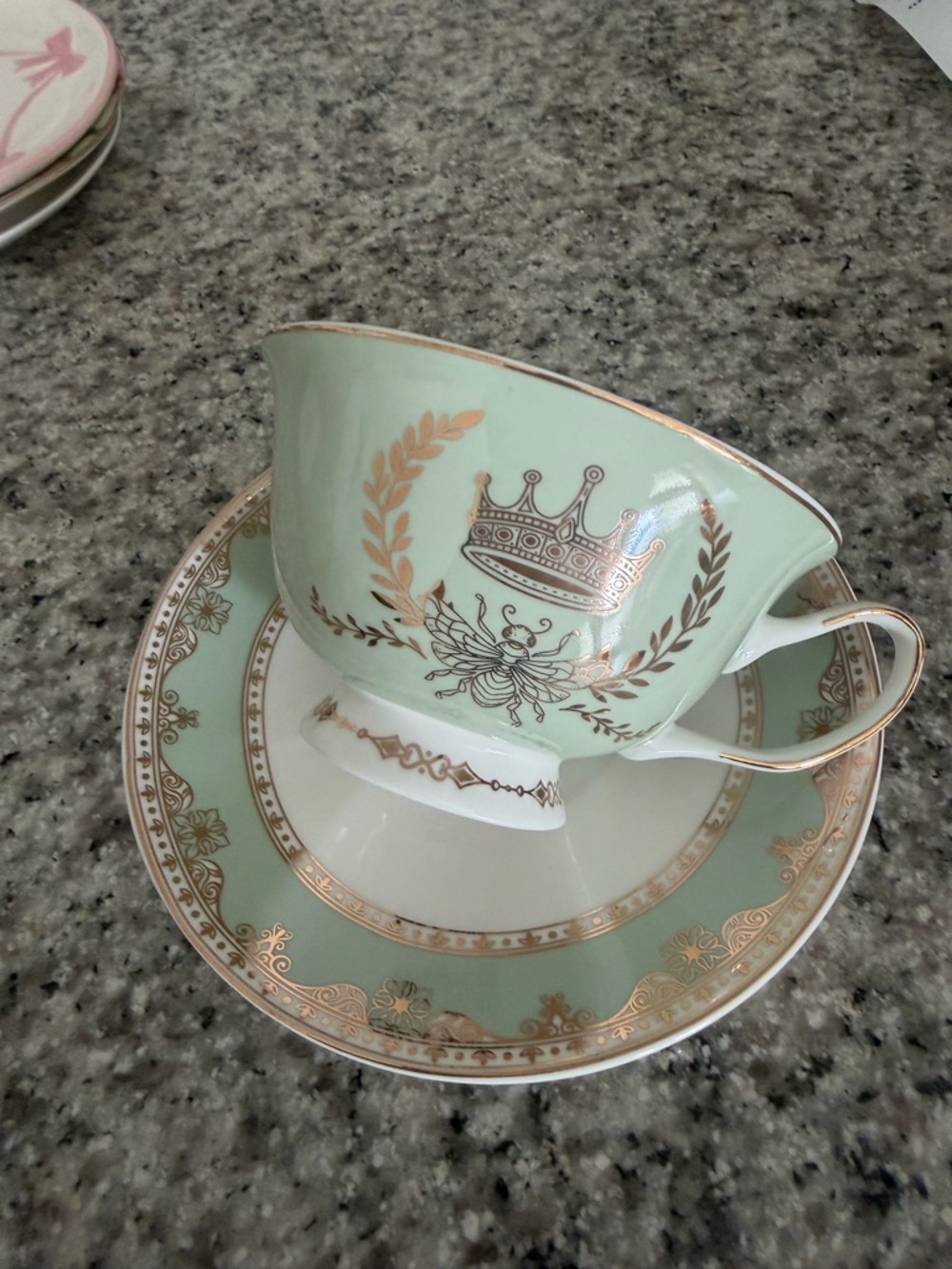 Mint Green Gold Crown Teacup & Saucer